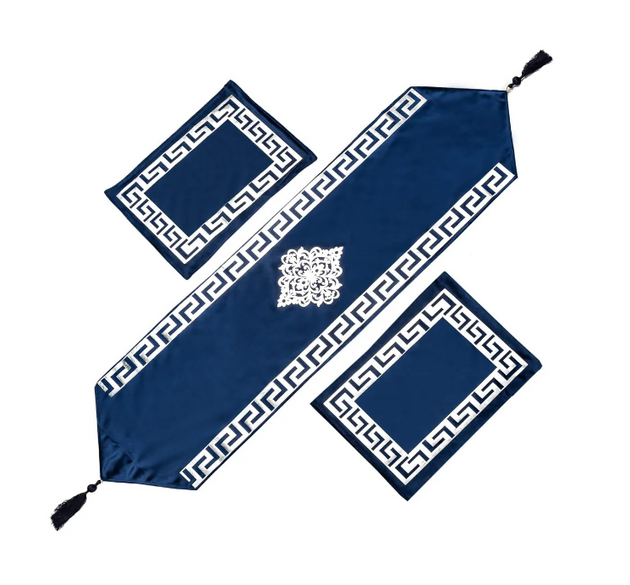 BLUE TABLE RUNNER MAT 3PCS SET ( 1 RUNNER & 2 MAT ) _ SIZE OF RUNNER 52/12 INCHES AND SIZE OF MAT 18 / 12 INCHES