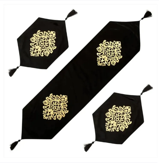 BLACK TABLE RUNNER MAT SET 3PCS ( 1 RUNNER & 2 MAT )  _ SIZE OF RUNNER 52/12 INCHES AND SIZE OF MAT   18 /12 INCHES