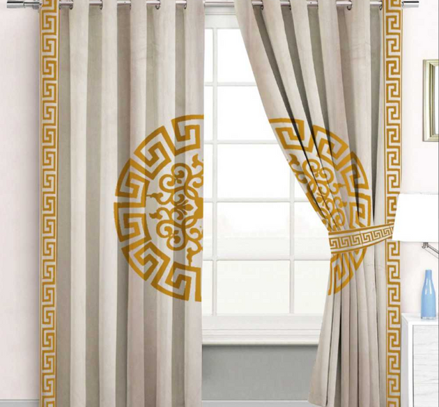 Velvet curtains  with laser cut  (  Length :  254 cm ,  width :  137 cm )  _ BEIGE AND GOLDEN