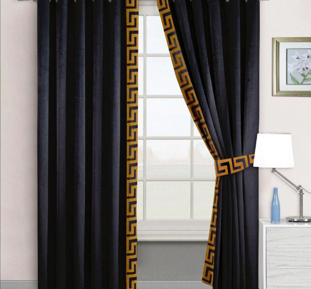 LUXURY VELVET CURTAINS (  length : 254 cm ,  width :  137 cm ) _   BLACK  and golden