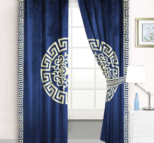 LUXURY VELVET CURTAINS ( LENGTH :  254 CM , WIDTH : 137 CM ) _  BLUE AND OFFWHITE