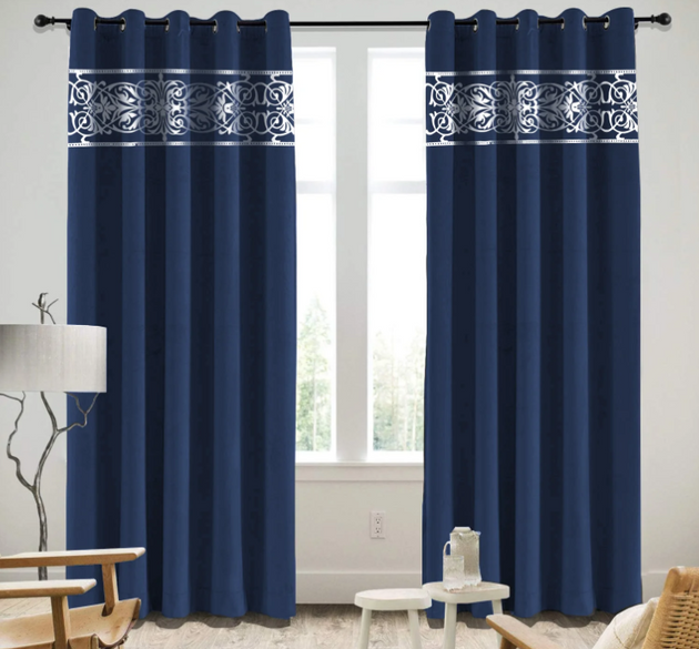 LUXURY VELVET CURTAINS (  LENGTH  :  254 CM ,  WIDTH : 137 CM )  _  BLUE AND WHITE