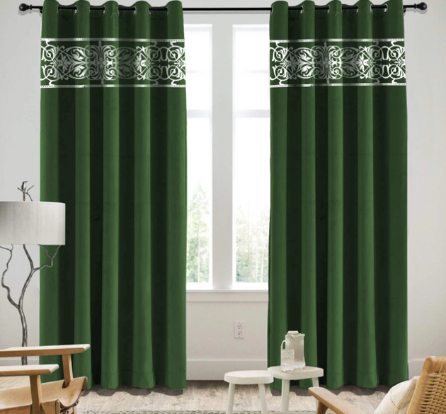 LUXURY VELVET CURTAINS ( LENGTH : 254 CM , WIDTH : 137 )   _  GREEN AND WHITE