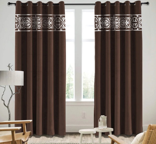 LUXURY VELVET CURTAINS ( LENGTH : 254 CM , WIDTH : 137 CM  )  _  BROWN AND WHITE