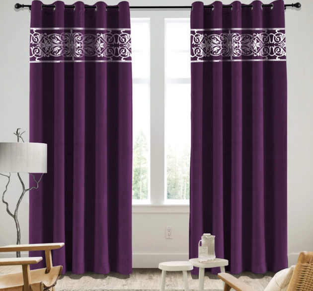 LUXURY VELVET CURTAINS (  LENGTH : 254 CM , WIDTH :  137 CM )  _ PURPLE AND WHITE