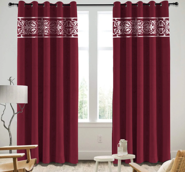 LUXURY VELVET CURTAINS ( LENGTH :  254 CM , WIDTH : 137 CM )  _  MAROON AND WHITE