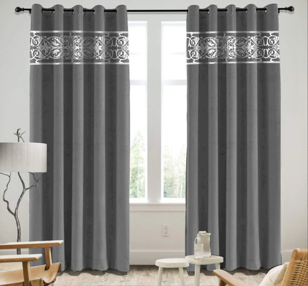 LUXURY VELVET CURTAINS ( LENGTH : 254 CM ,  WIDTH : 137 CM ) _ GREY AND WHITE