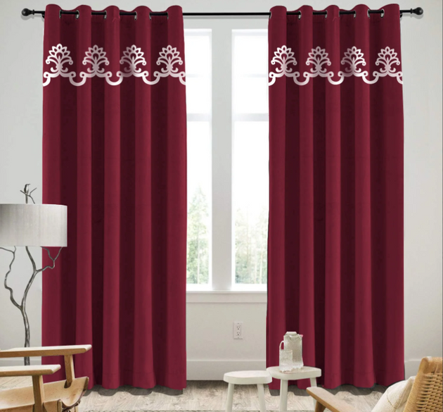 LUXURY SPLENDID VELVET CURTAINS (  LENGTH : 254 CM , WIDTH :  137 CM ) _  MAROON AND WHITE