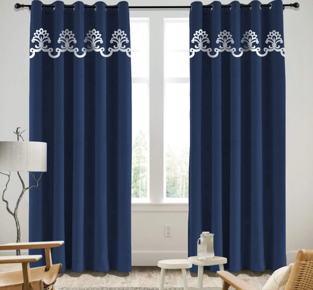 LUXURY SPLENDID VELVET CURTAINS ( LENGTH :  254 CM ,  WIDTH :  137 CM  )  _ BLUE AND WHITE