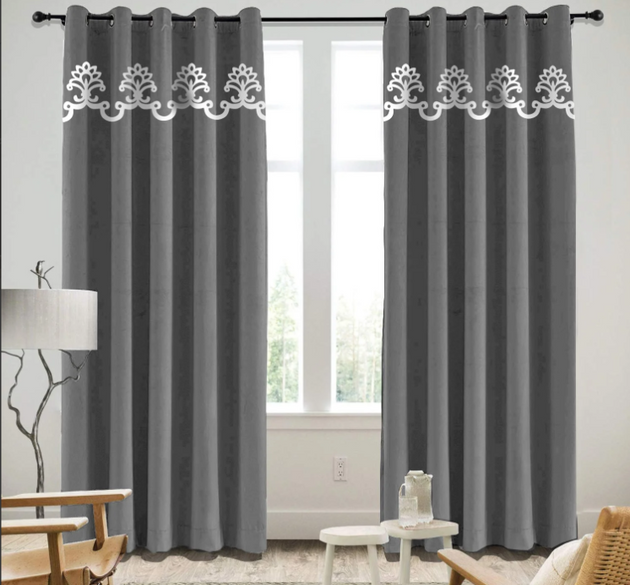 LUXURY SPLENDID VELVET CURTAINS ( LENGTH :  254 CM , WIDTH : 137 CM ) _  GREY AND WHITE