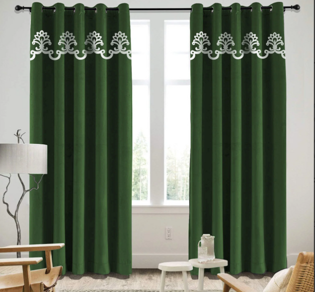 LUXURY SPLENDID VELVET CURTAINS ( LENGTH : 254 CM , WIDTH : 137 CM )  _   GREEN AND WHITE