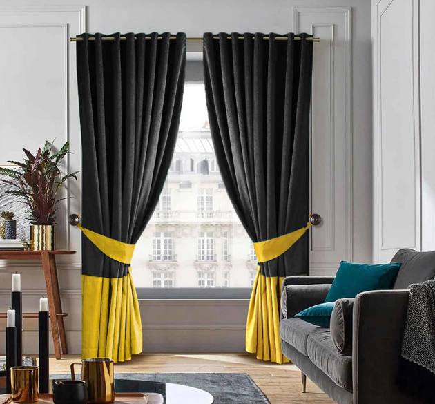 2  COLOUR LUXURY VELVET CURTAINS WITH 2 TIE BACK ( LENGTH : 254CM , WIDTH : 137 CM )  _ BLACK AND YELLOW