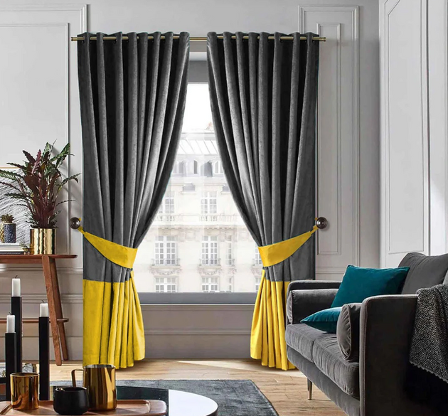 2 COLOUR LUXURY VELVET CURTAINS WITH 2 TIE BACK (  LENGTH :  254 CM , WIDTH :  137 CM )  _ GREY AND YELLOW