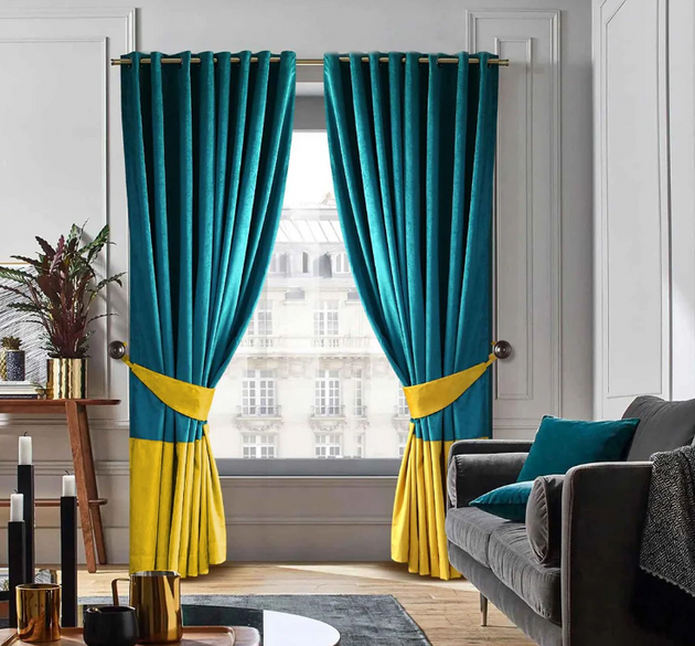 2 COLOUR LUXURY VELVET CURTAINS WITH 2 TIE BACK (  LENGTH : 254 CM , WIDTH : 137 CM ) _ ZINC AND YELLOW