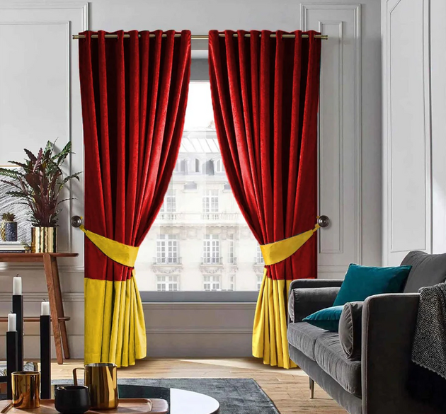 2 COLOUR LUXURY VELVET CURTAINS WITH 2 TIE BACK (  LENGTH : 254 CM , WIDTH : 137 CM ) _ RED AND YELLOW