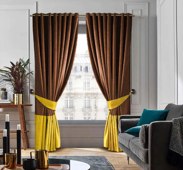 2 COLOUR LUXURY VELVET CURTAINS WITH 2 TIE BACK ( LENGTH : 254 CM , WIDTH :  137 CM ) _ BROWN AND YELLOW