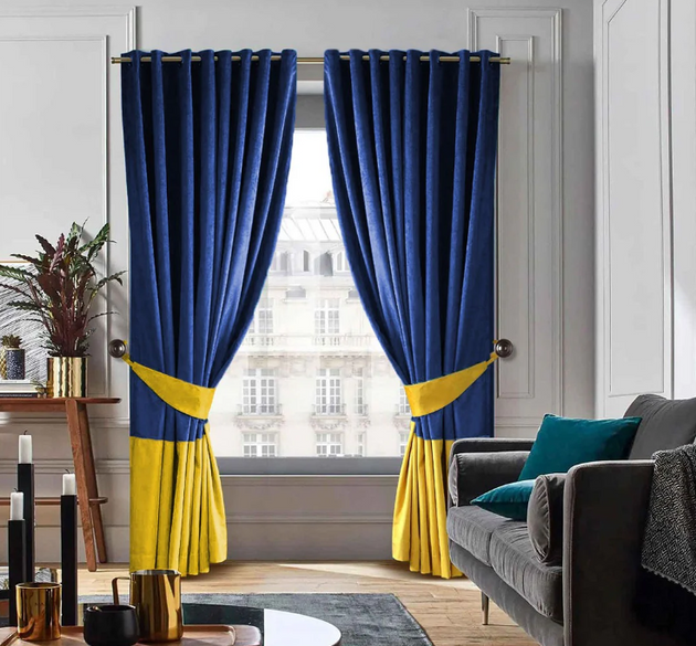 2 COLOUR  LUXURY VELVET CURTAINS  WITH 2 TIE BACK (  LENGTH : 254 CM , WIDTH : 137 CM )  _ BLUE AND YELLOW