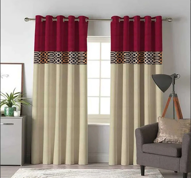 2 COLOUR LUXURY VELVET CURTAINS ( LENGTH : 254 cm , width : 137 cm ) _ maroon and offwhite