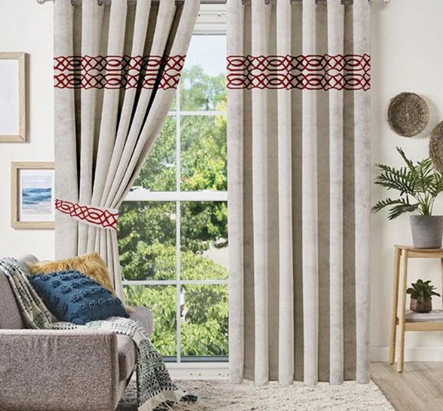 LUXURY VELVET CURTAINS  ( LENGTH : 254 CM , WIDTH : 137 CM )  _ offwhite & maroon