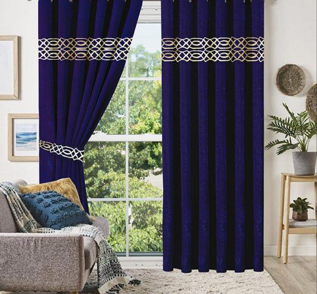 LUXURY SPLENDID VELVET CURTAINS ( LENGTH : 254 CM , WIDTH : 137 CM )  _ BLUE & OFFWHITE