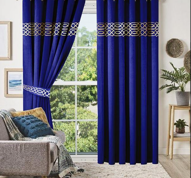 LUXURY SPLENDID VELVET CURTAINS ( LENGTH : 254 CM , WIDTH 137 CM )  _  BLUE & OFFWHITE