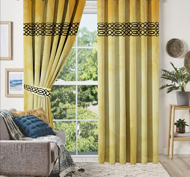 LUXURY SPLENDID VELVET CURTAINS ( LENGTH : 254 CM , WIDTH : 137 CM ) _  GOLDEN & black