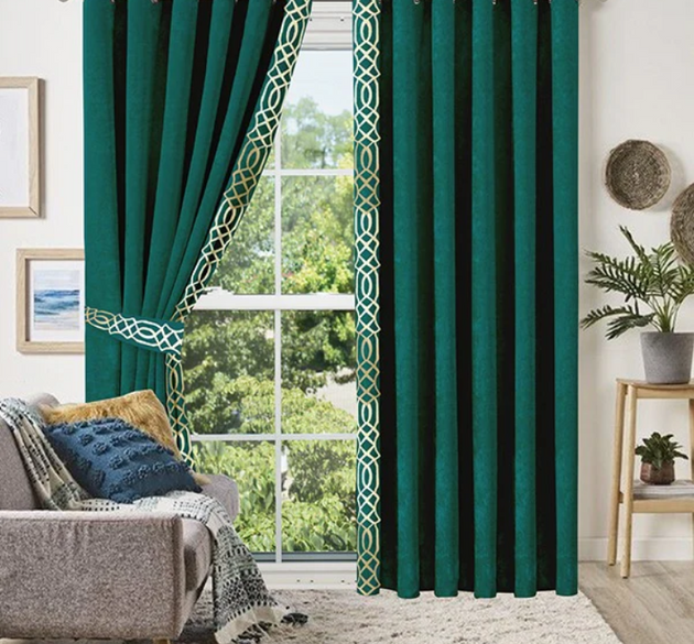 LUXURY SPLENDID VELVET CURTAINS ( LENGTH 254 CM , WIDTH : 137 CM )  _ GREEN &  OFFWHITE