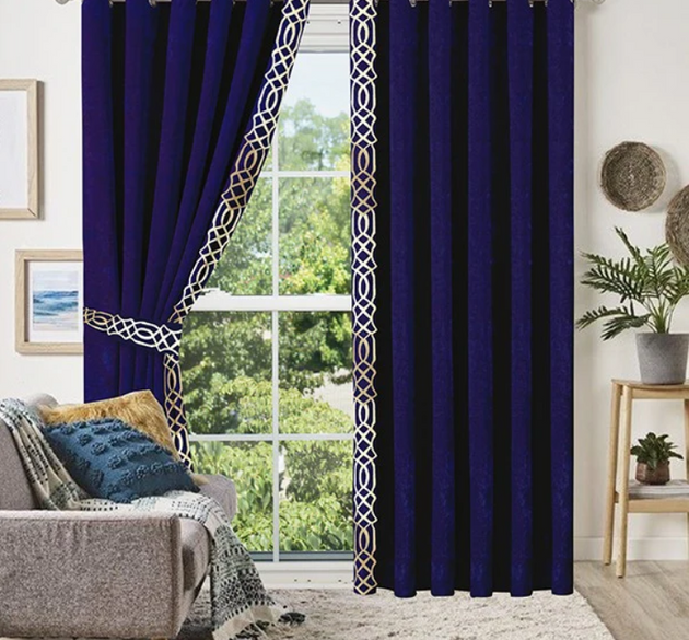 LUXURY SPLENDID VELVET CURTAINS ( LENGTH 254 CM , WIDTH : 137 CM ) _ BLUE & OFFWHITE