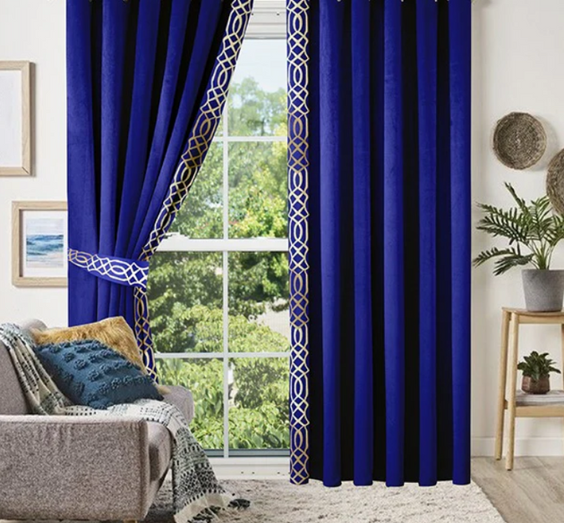 LUXURY  SPLENDID VELVET CURTAINS ( LENGTH : 254 CM , WIDTH : 137 CM)  _  BLUE & OFFWHITE