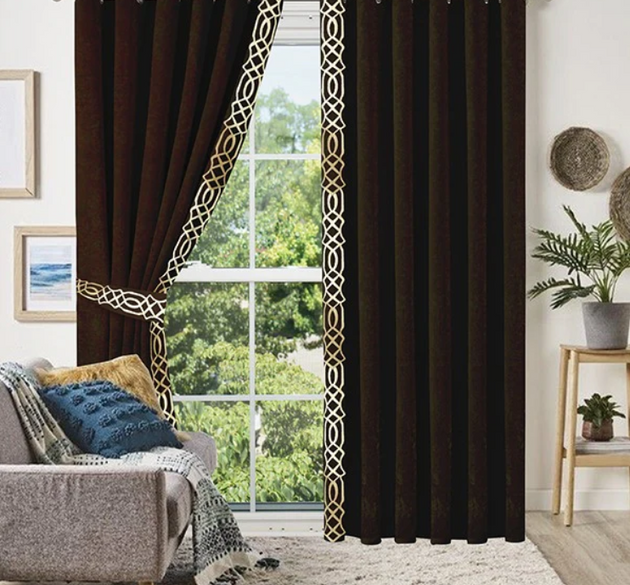 LUXURY SPLENDID VELVET CURTAINS ( LENGTH : 254 CM , WIDTH : 137 CM )  _  BROWN & OFFWHITE