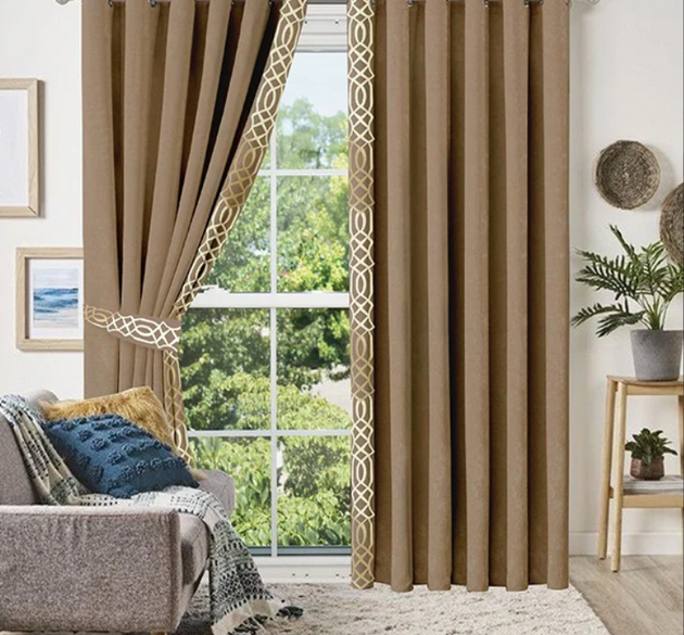 LUXURY SPLENDID VELVET CURTAINS ( LENGTH : 254 CM ,  WIDTH : 137 CM )  _ BROWN & OFFWHITE