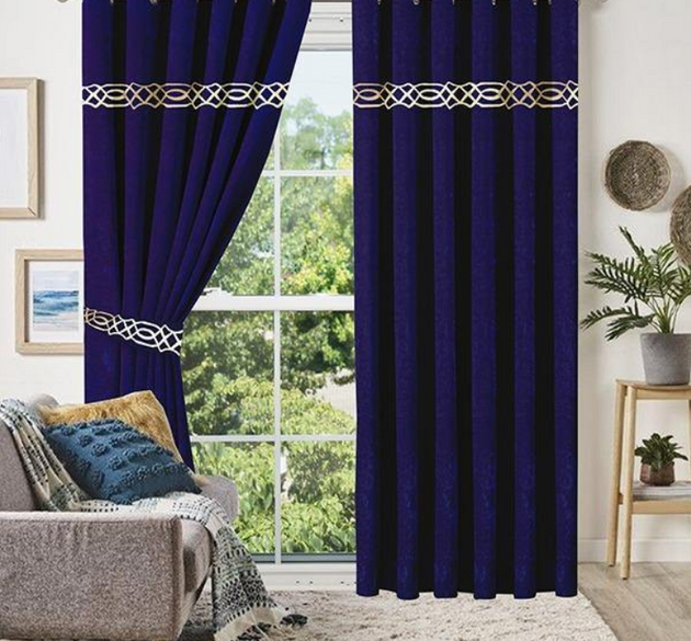 LUXURY SPLENDID VELVET  CURTAINS ( LENGTH : 254 CM , WIDTH : 137 CM )  _ BLUE & OFFWHITE