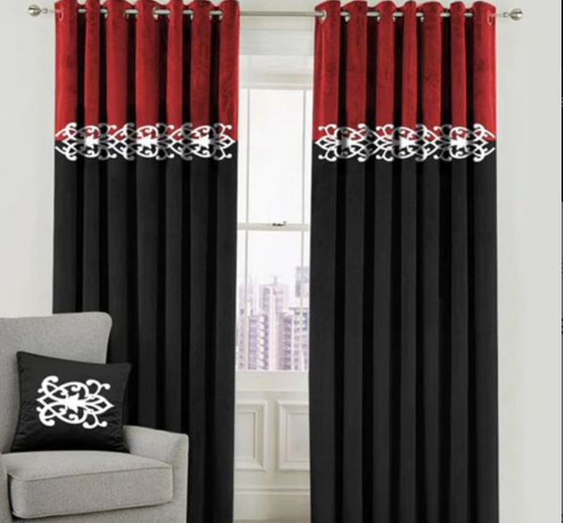 LUXURY SPLENDID VELVET  CURTAINS ( LENGTH : 254 CM , WIDTH : 137 CM )  _ MAROON & BLACK