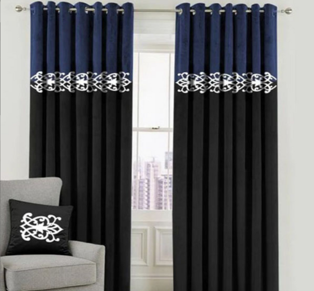 LUXURY SPLENDID VELVET CURTAINS ( LENGTH : 254 CM , WIDTH : 137 CM ) _ BLUE & BLACK