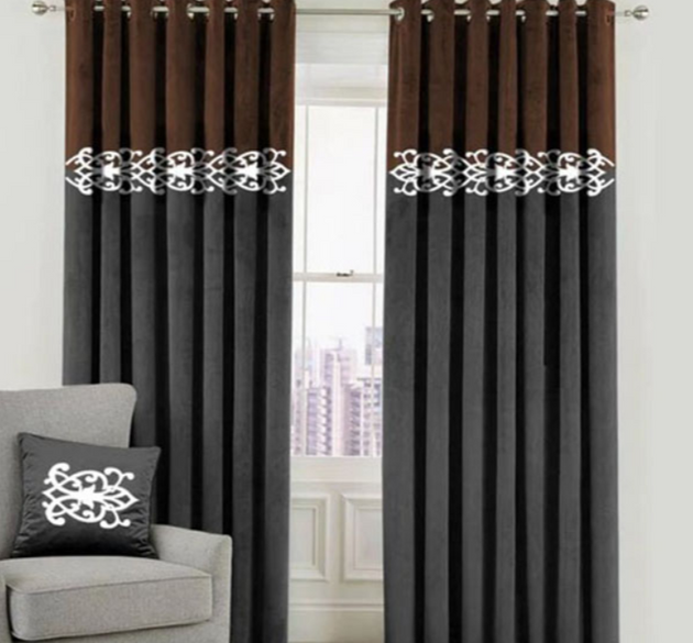 2 COLOUR SPLENDID VELVET CURTAINS ( LENGTH : 254 CM , WIDTH : 137 CM ) _  BROWN & GREY