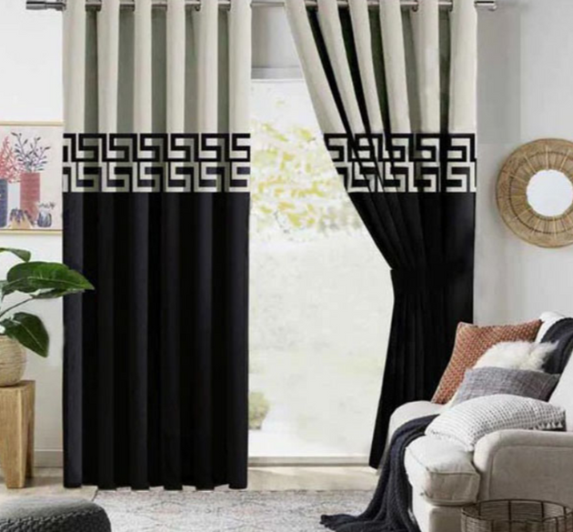 2 COLOUR LUXURY VELVET CURTAINS ( LENGTH : 254 CM , WIDTH : 137 CM )  _  OFFWHITE & BLACK