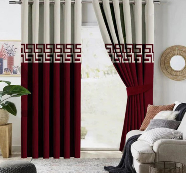 2 COLOUR LUXURY SPLENDID VELVET CURTAINS ( LENGTH : 254 CM , WIDTH : 137 CM  ) _  OFFWHITE & MAROON