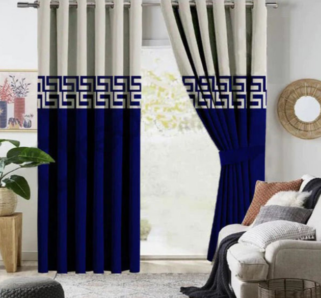 2 COLOUR LUXURY VELVET CURTAINS ( LENGTH : 254 CM , WIDTH : 137 CM )  _  OFFWHITE & BLUE