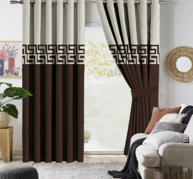 2 COLOUR LUXURY VELVET CURTAINS ( LENGHT : 254 CM , WIDTH : 137 CM ) _  OFFWHITE & BROWN