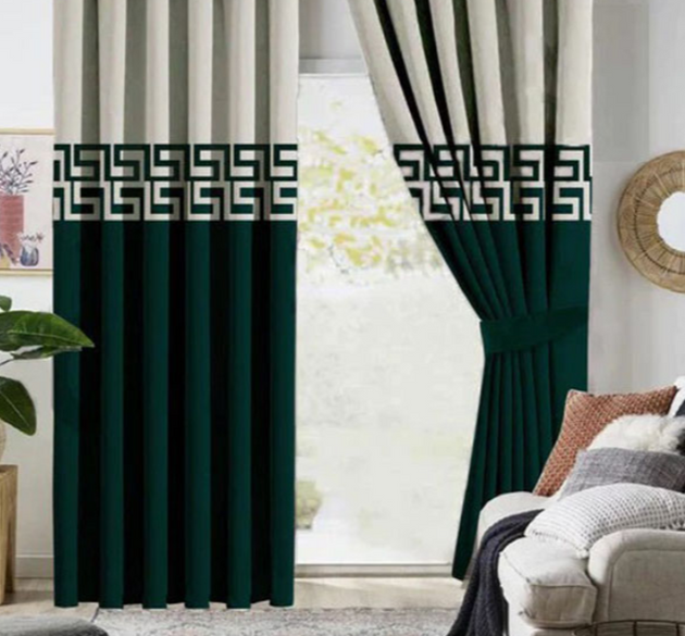 2 COLOUR LUXURY SPLENDID VELVET CURTAINS ( LENGHT : 254 CM , WIDTH : 137 CM )  _  OFFWHITE  & GREEN