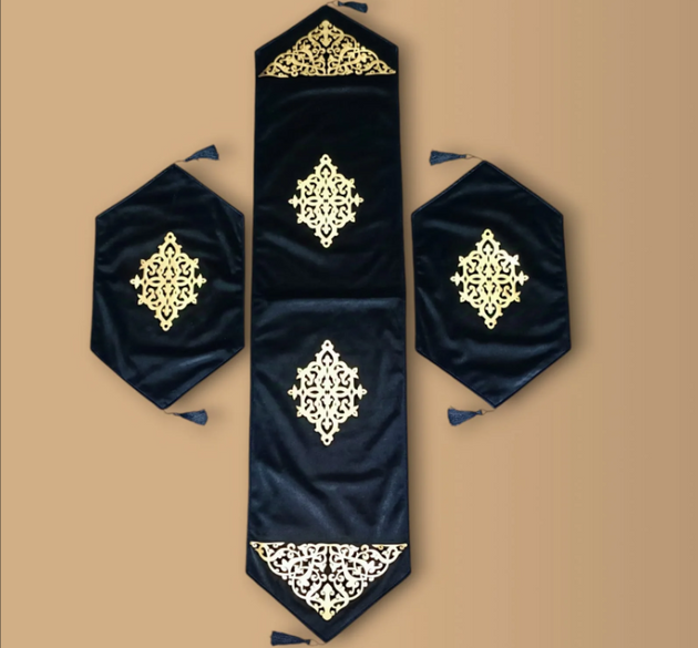 3PCS TABLE RUNNER MAT SET ( 1 RUNNER & 2 MAT ) _ SIZE OF RUNNER 52/12 INCHES & SIZE OF MAT 18/12 INCHES