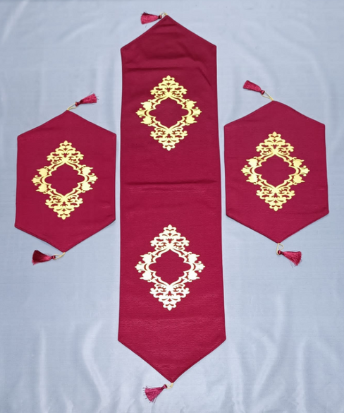 3 PCS TABLE RUNNER MAT SET ( 1 RUNNER & 2 MAT ) _ SIZE OF RUNNER 52/12 INCHES AND SIZE OF MAT 18/12 INCHES